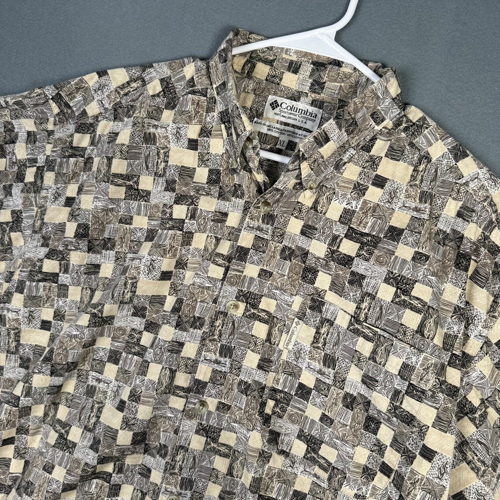 Vtg Columbia Shirt Mens XL Fish Print Short Sleeve Button Collared Pocket Cotton